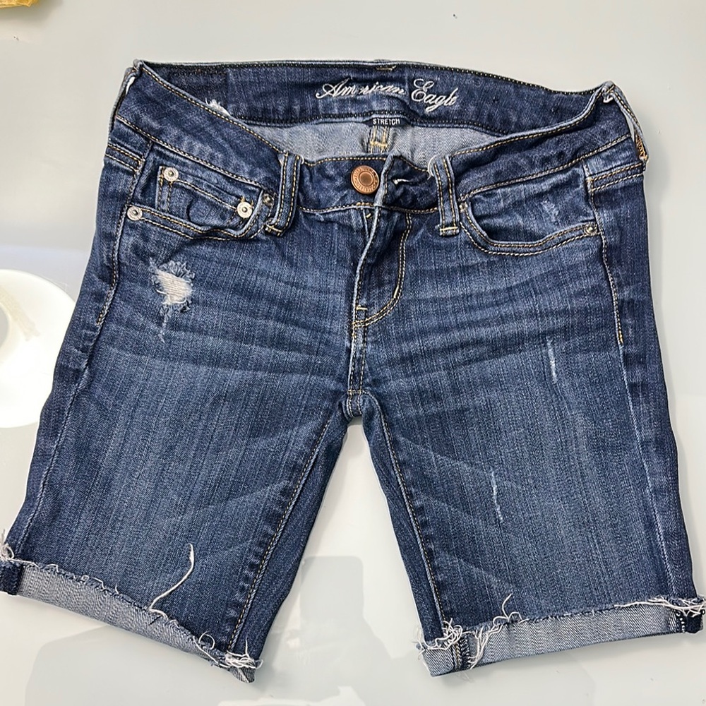 American Eagle Outfitters Women's Dark Wash Distressed Denim Bermuda Shorts